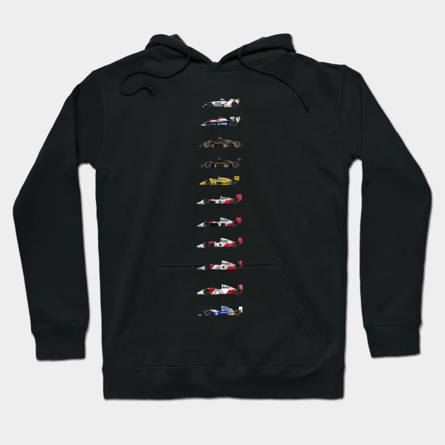 Ayrton Senna - All F1 Cars illustration Hoodie by Burro Wheel